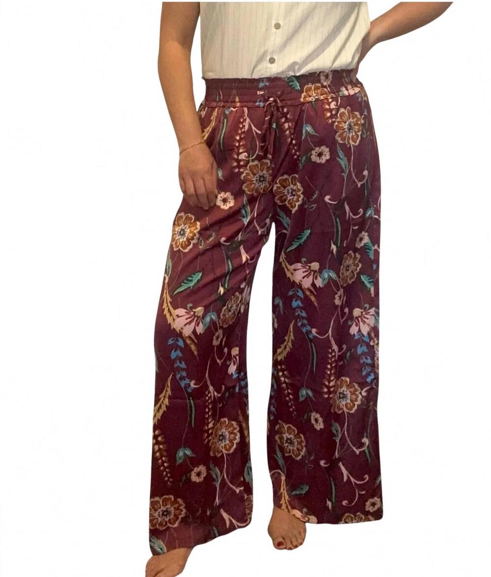 NEW THML sophia floral smocked waist wide leg pants in burgundy